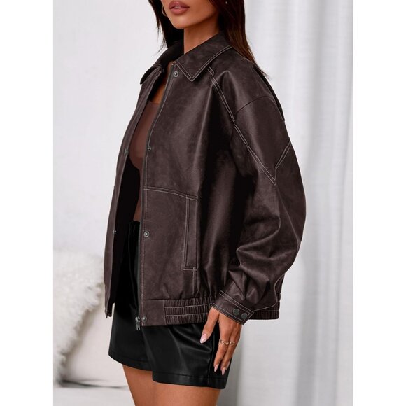 Women's Dark Brown Faux Leather Jacket with Button Details and Relaxed Fit - Picture 3 of 8